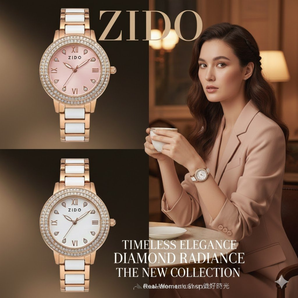 ZIDO 玫瑰金陶瓷晶鑽錶 名媛風女錶 滿鑽錶圈 粉&白錶面 優雅耐看百搭不退流行 送禮 自用首選-細節圖9