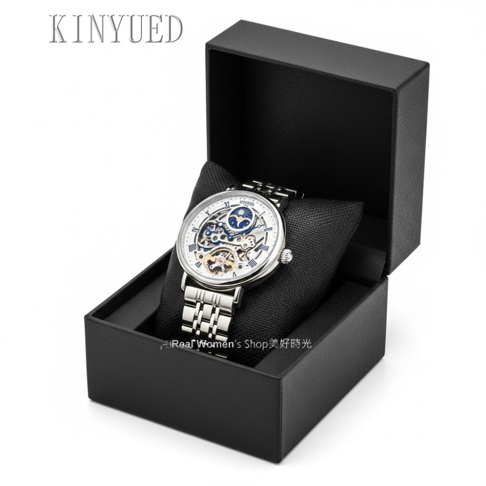 瑞士工藝 TEVISE 機械錶 鏤空全視設計 羅馬數字 日月相 不鏽鋼帶 自動上鍊 藍鋼針 紳士男錶-細節圖7