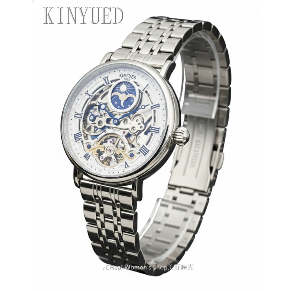 瑞士工藝 TEVISE 機械錶 鏤空全視設計 羅馬數字 日月相 不鏽鋼帶 自動上鍊 藍鋼針 紳士男錶-細節圖8