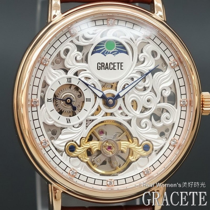 高貴不貴 GRACETE 尊爵鏤空機械錶 男錶 自動上鍊 陀飛輪 日月相 24小時區 商務休閒兩用腕錶  送禮自用首選-細節圖3