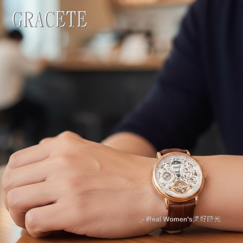 高貴不貴 GRACETE 尊爵鏤空機械錶 男錶 自動上鍊 陀飛輪 日月相 24小時區 商務休閒兩用腕錶  送禮自用首選-細節圖6