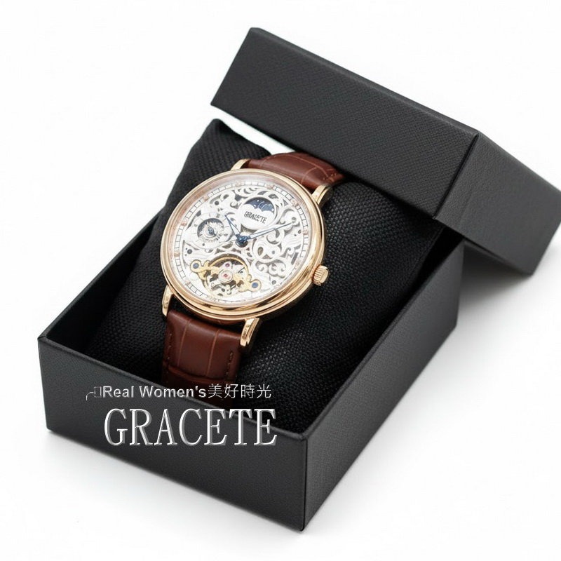 高貴不貴 GRACETE 尊爵鏤空機械錶 男錶 自動上鍊 陀飛輪 日月相 24小時區 商務休閒兩用腕錶  送禮自用首選-細節圖7