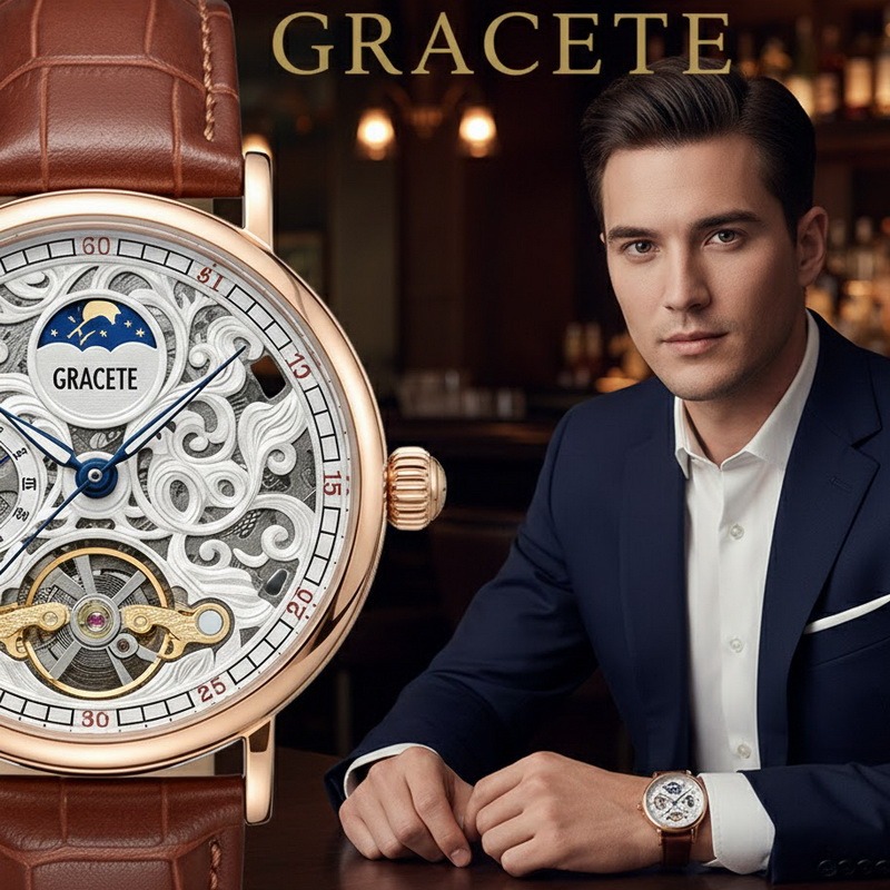 高貴不貴 GRACETE 尊爵鏤空機械錶 男錶 自動上鍊 陀飛輪 日月相 24小時區 商務休閒兩用腕錶  送禮自用首選-細節圖8