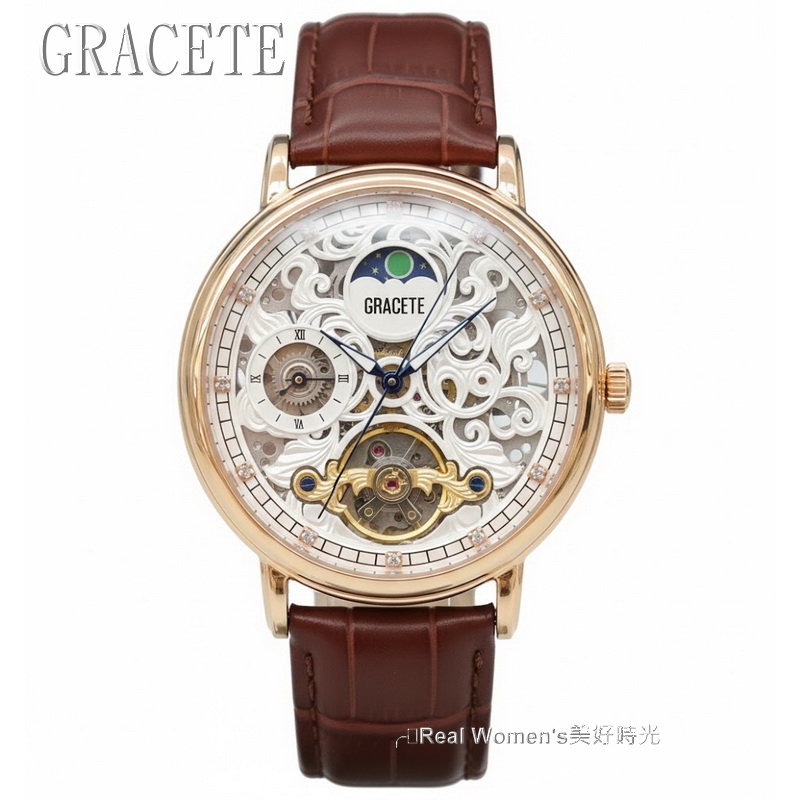 高貴不貴 GRACETE 尊爵鏤空機械錶 男錶 自動上鍊 陀飛輪 日月相 24小時區 商務休閒兩用腕錶  送禮自用首選-細節圖11