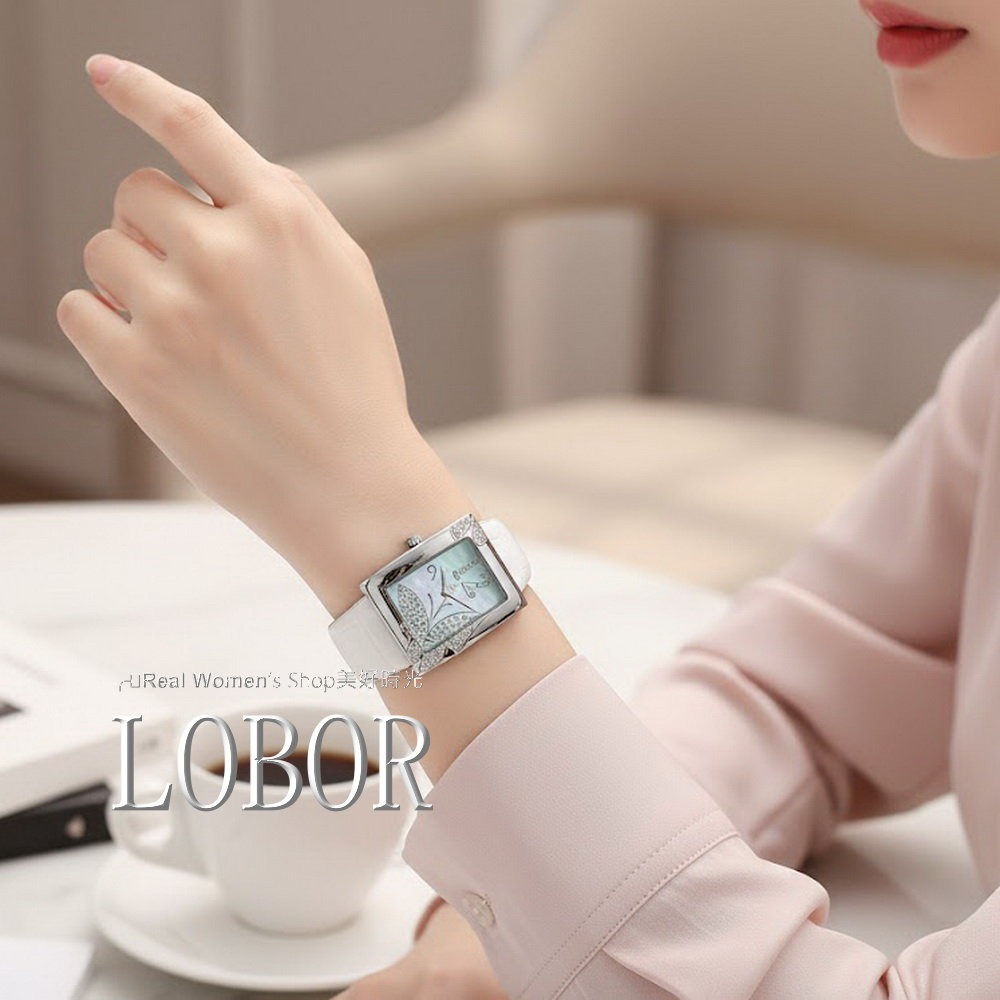 LOBOR 蝴蝶晶鑽錶 立體浮雕鑲鑽 珍珠母貝面盤 方形名媛錶 優雅百搭 收藏/送禮/自用 女錶-細節圖7