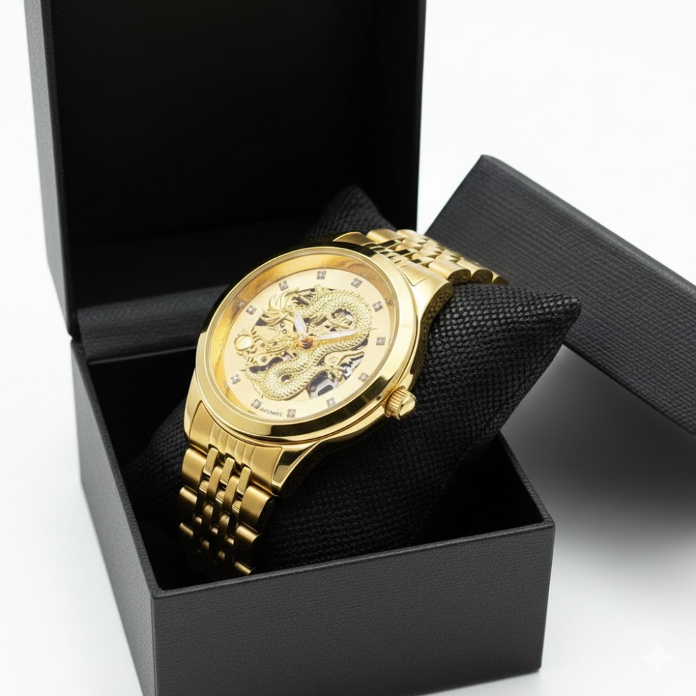 【祥龍獻瑞】精工雕龍 金龍機械錶 頂級 3D 雕刻 鏤空機芯 金色鋼帶 自動錶 商務/送禮/收藏/自用 男錶-細節圖11