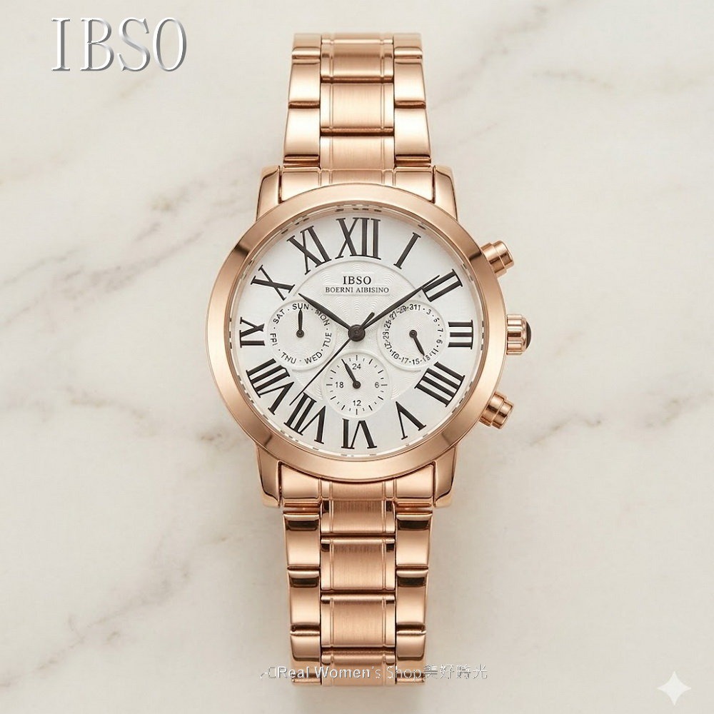 IBSO羅馬刻度 三眼計時 星期 日期 紳士男錶 玫瑰金鋼帶 多功能商務腕錶 送禮自用 時尚百搭-細節圖5