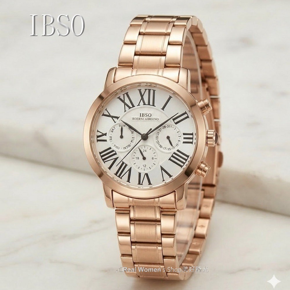 IBSO羅馬刻度 三眼計時 星期 日期 紳士男錶 玫瑰金鋼帶 多功能商務腕錶 送禮自用 時尚百搭-細節圖6