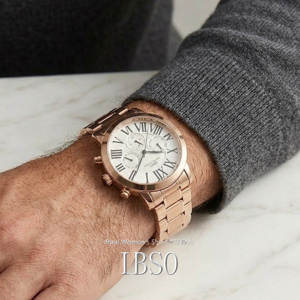 IBSO羅馬刻度 三眼計時 星期 日期 紳士男錶 玫瑰金鋼帶 多功能商務腕錶 送禮自用 時尚百搭-細節圖8