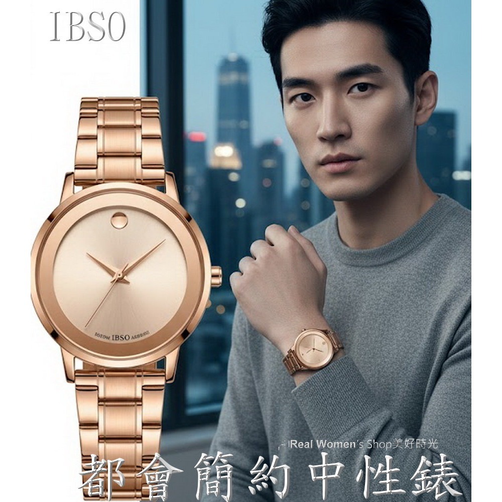 IBSO都會極簡風 玫瑰金/黑 雙色可選 不銹鋼帶 男女通用 中性錶 男錶 女錶 情侶對錶 送禮自用 時尚百搭-細節圖2