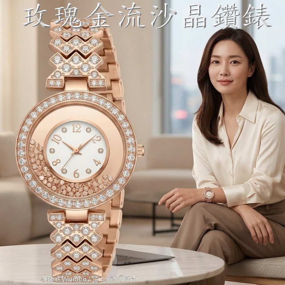 氣質爆棚 玫瑰金 流沙晶鑽女錶 輕奢名媛風 約會必勝上班休閒 時尚百搭 送禮自用首選-細節圖9