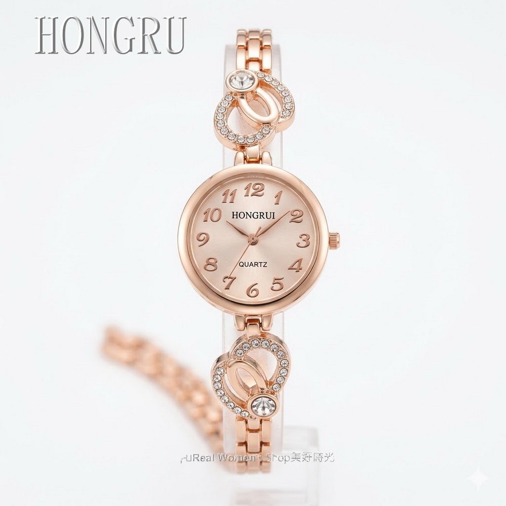 HONGRUI 玫瑰金 晶鑽愛心 氣質手鍊女錶  時尚百搭 優雅日常 送禮自用都超美-細節圖2