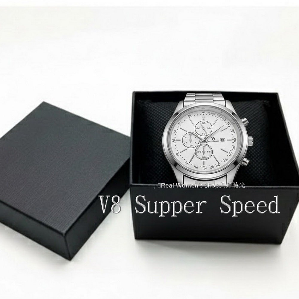V8 Super Speed 賽車款型設計 簡潔優雅三眼裝飾 不鏽鋼帶 日期錶 商務休閒 時尚百搭 送禮自用都亮眼-細節圖6