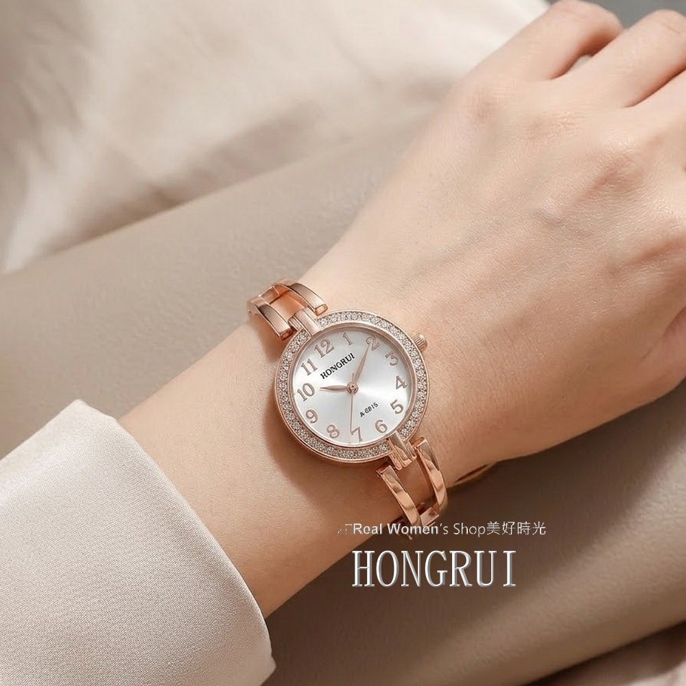 HONGRUI 玫瑰金 晶鑽手環手鍊氣質女錶 時尚百搭 是飾品也是手錶 送禮自用都超美-細節圖10