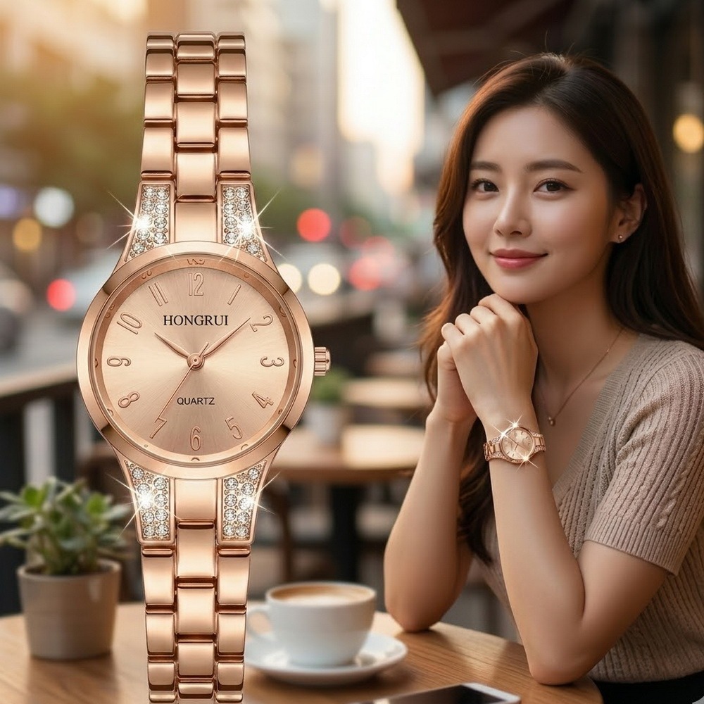 HONGRUI 玫瑰金 晶鑽低調輕奢 氣質女錶  時尚百搭 優雅出眾 送禮自用都超美-細節圖4