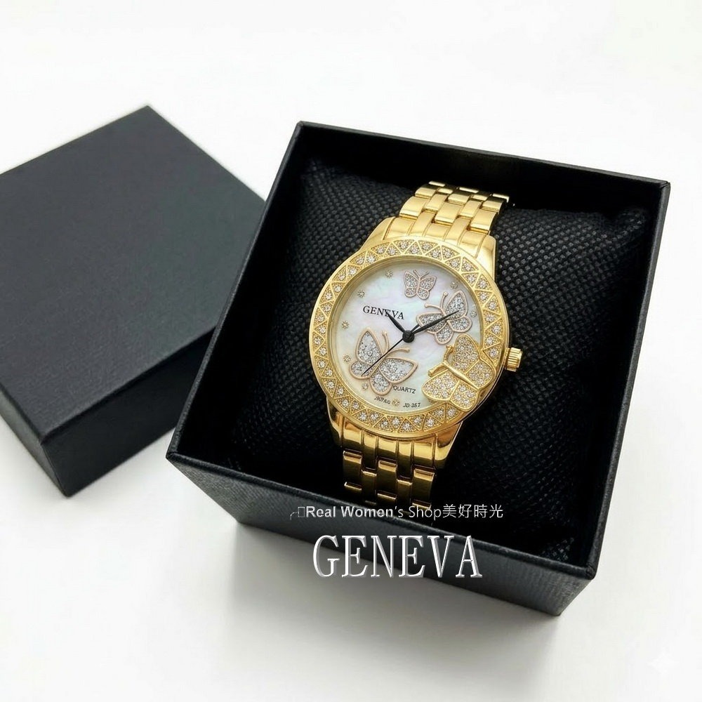 GENEVA 立體浮雕 浪漫蝴蝶晶鑽女錶 珍珠母貝面盤 蝶舞晶鑽腕間奢華 時尚百搭女神款-細節圖7
