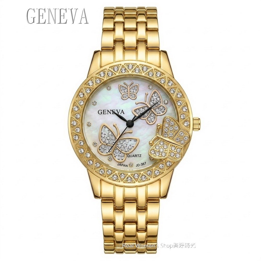 GENEVA 立體浮雕 浪漫蝴蝶晶鑽女錶 珍珠母貝面盤 蝶舞晶鑽腕間奢華 時尚百搭女神款-規格圖11