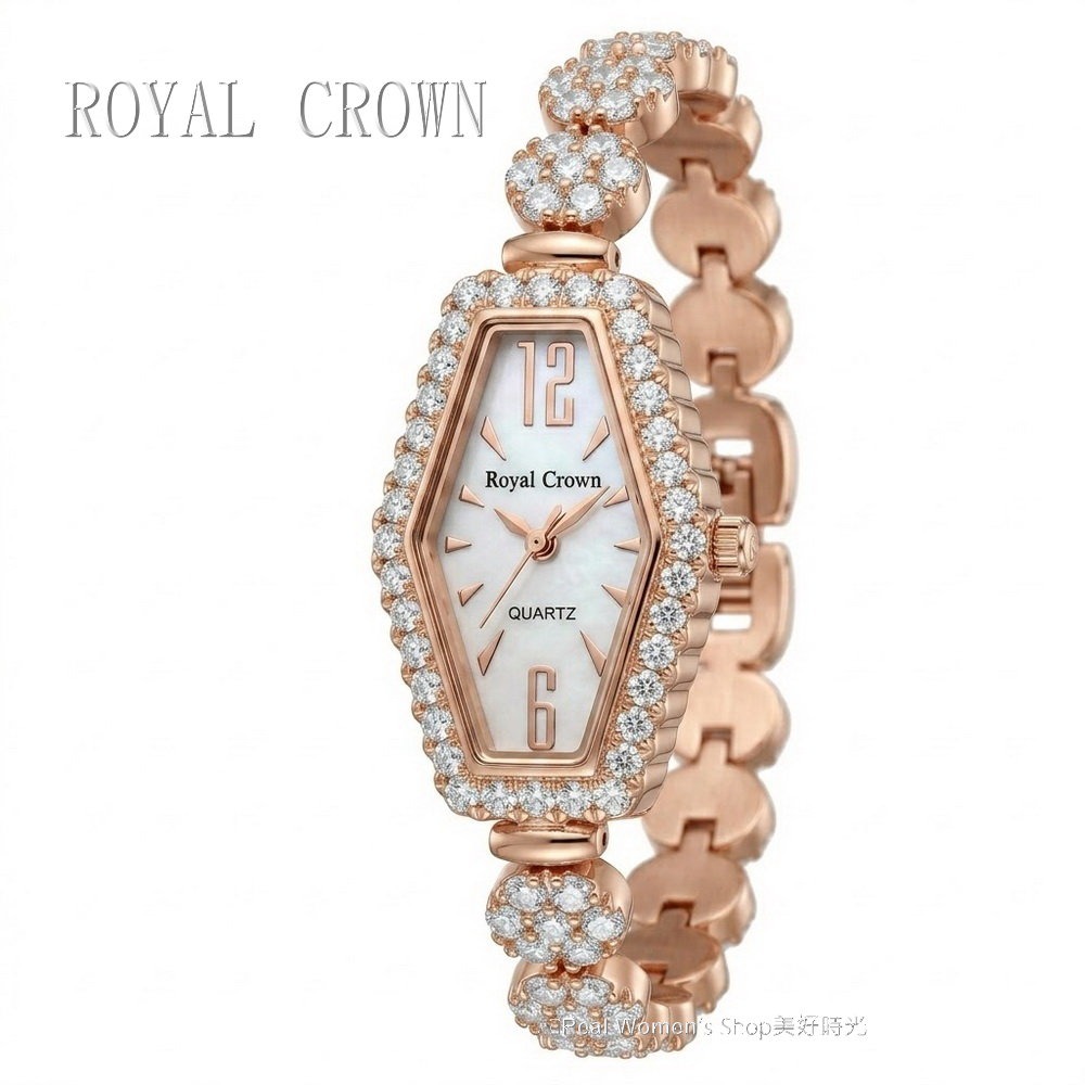 ROYAL CROWN 珍珠母貝面盤 六角形 晶鑽名媛女錶 閃耀時刻 優雅相伴 時尚百搭 送禮自用都超仙-細節圖8