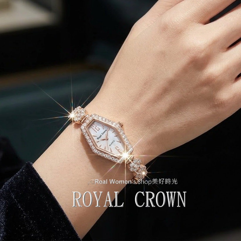 ROYAL CROWN 珍珠母貝面盤 六角形 晶鑽名媛女錶 閃耀時刻 優雅相伴 時尚百搭 送禮自用都超仙-細節圖9