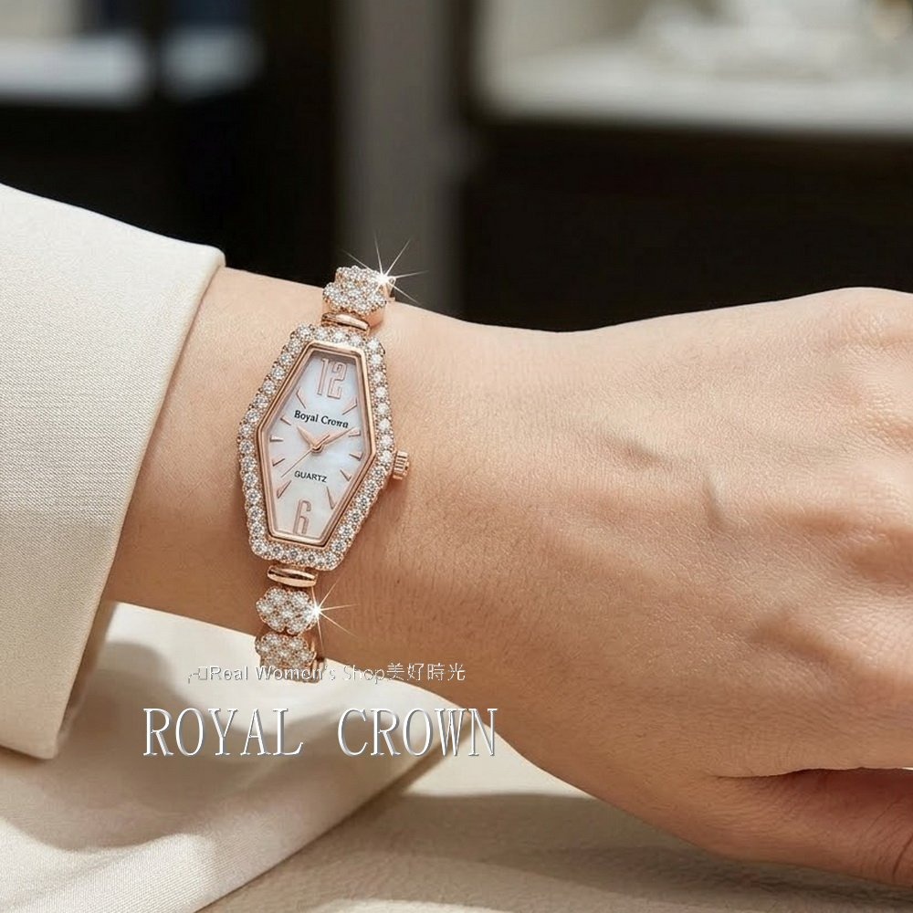 ROYAL CROWN 珍珠母貝面盤 六角形 晶鑽名媛女錶 閃耀時刻 優雅相伴 時尚百搭 送禮自用都超仙-細節圖10