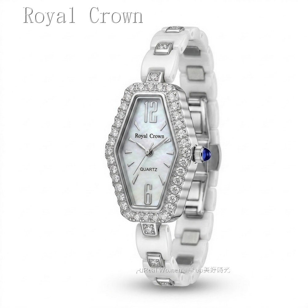 Royal Crown 閃耀時刻 珍珠母貝面盤  陶瓷晶鑽錶帶 鑽錶  名媛女錶  時尚百搭 送禮自用都超仙-細節圖8