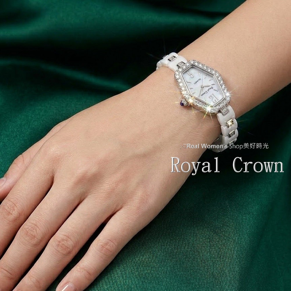Royal Crown 閃耀時刻 珍珠母貝面盤  陶瓷晶鑽錶帶 鑽錶  名媛女錶  時尚百搭 送禮自用都超仙-細節圖9