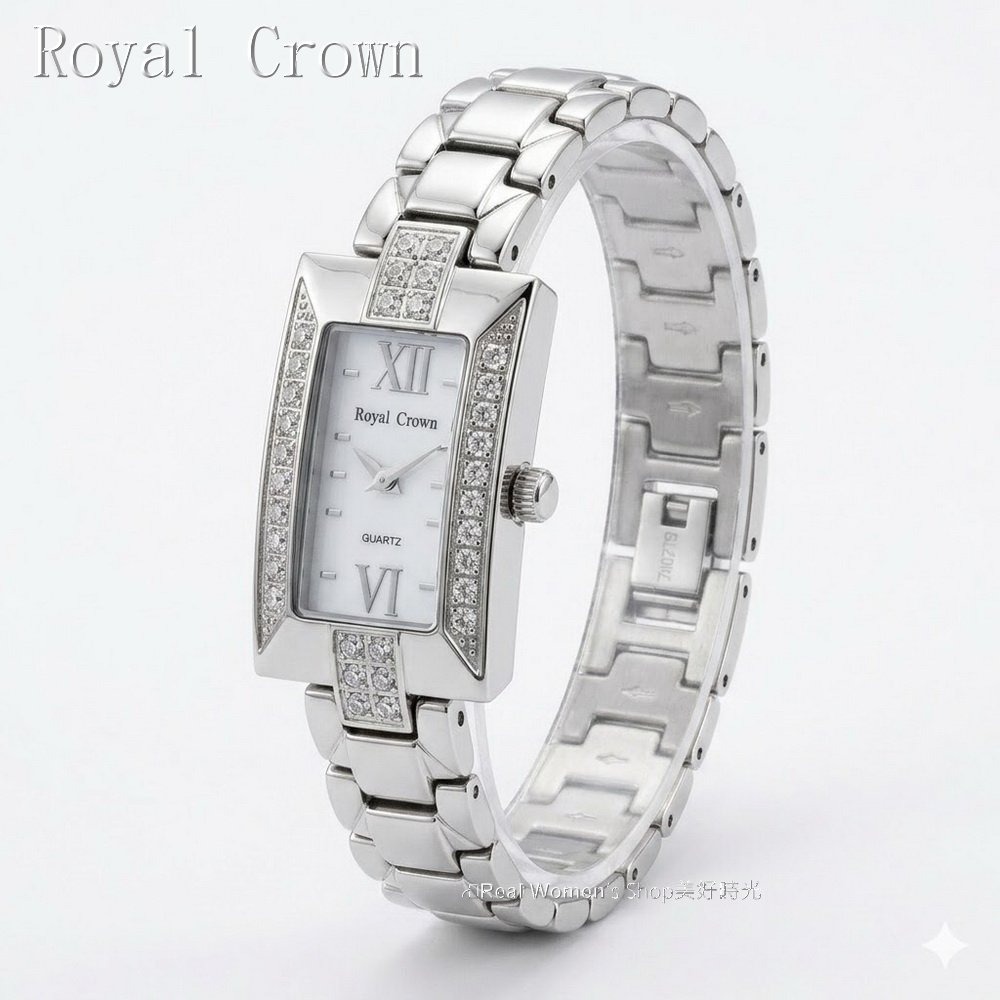 Royal Crown 閃耀時刻 珍珠母貝面盤  方框晶鑽 不鏽鋼帶  名媛女錶  時尚百搭 送禮自用都超仙-細節圖6