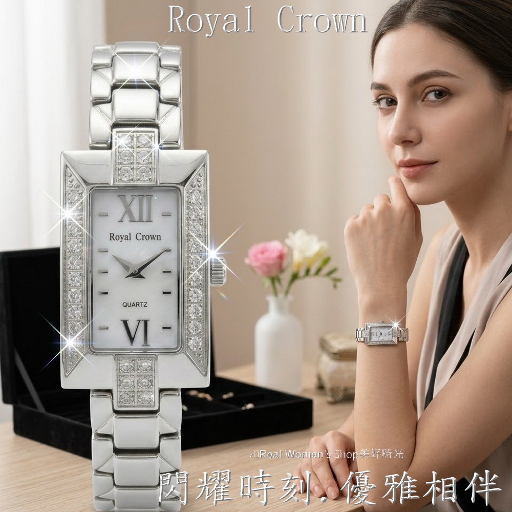 Royal Crown 閃耀時刻 珍珠母貝面盤  方框晶鑽 不鏽鋼帶  名媛女錶  時尚百搭 送禮自用都超仙-細節圖9