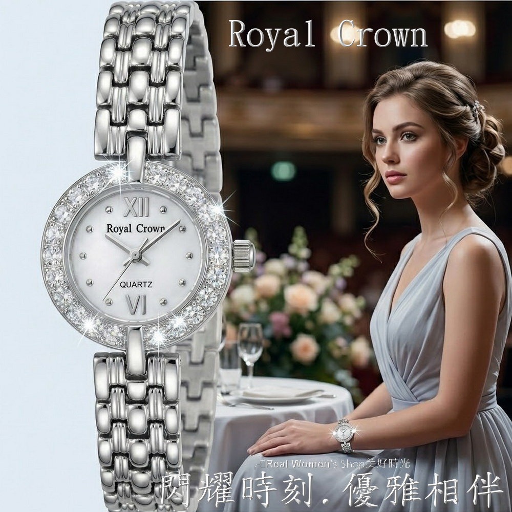 Royal Crown 閃耀時刻 珍珠母貝面盤  圓框晶鑽 不鏽鋼帶  淑媛女錶  時尚百搭 送禮自用都超仙-細節圖2