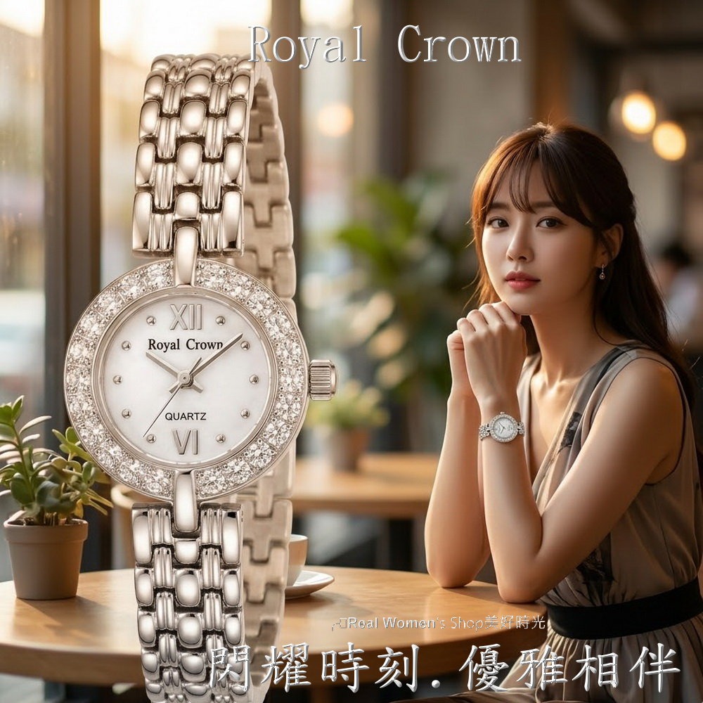 Royal Crown 閃耀時刻 珍珠母貝面盤  圓框晶鑽 不鏽鋼帶  淑媛女錶  時尚百搭 送禮自用都超仙-細節圖4