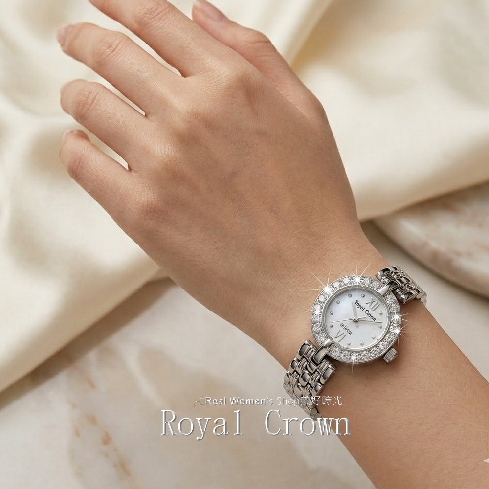 Royal Crown 閃耀時刻 珍珠母貝面盤  圓框晶鑽 不鏽鋼帶  淑媛女錶  時尚百搭 送禮自用都超仙-細節圖6