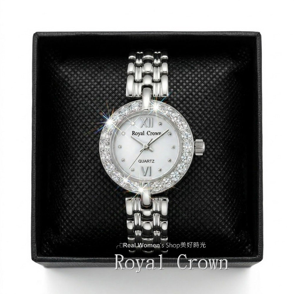Royal Crown 閃耀時刻 珍珠母貝面盤  圓框晶鑽 不鏽鋼帶  淑媛女錶  時尚百搭 送禮自用都超仙-細節圖9