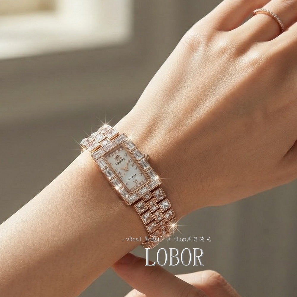 LOBOR 玫瑰金 閃耀晶鑽長方名媛淑女錶 日本機芯 時尚百搭 送禮自用都超仙-細節圖10