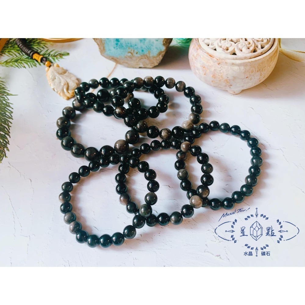 高品銀曜石手珠~銀砂黑曜石手珠-細節圖3