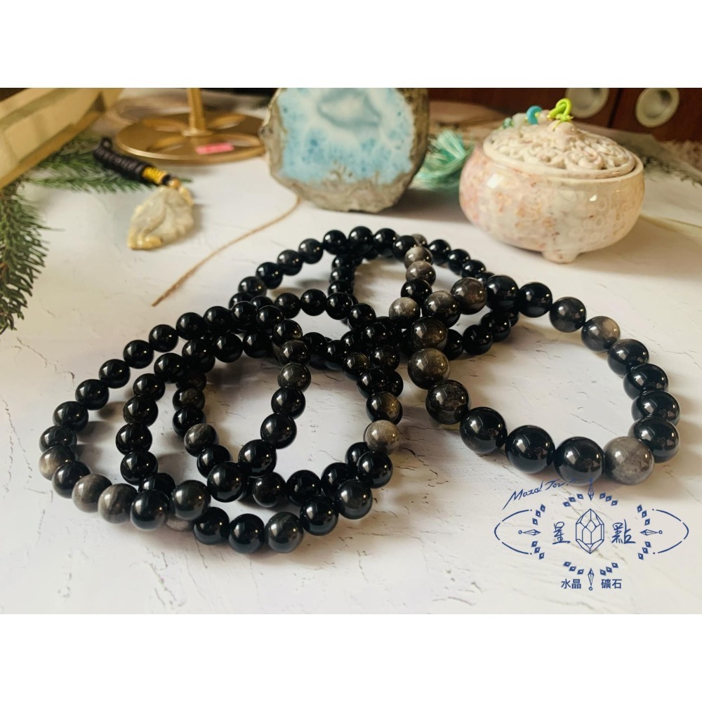高品銀曜石手珠~銀砂黑曜石手珠-細節圖4
