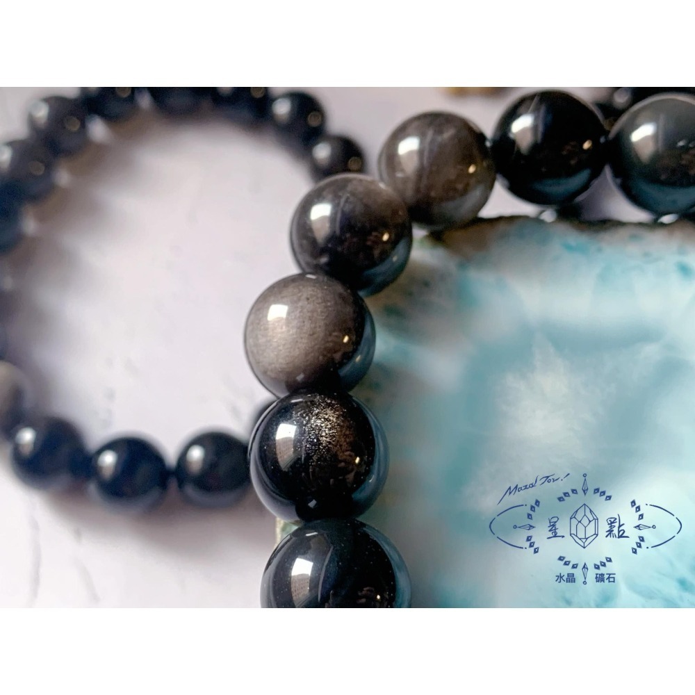 高品銀曜石手珠~銀砂黑曜石手珠-細節圖5