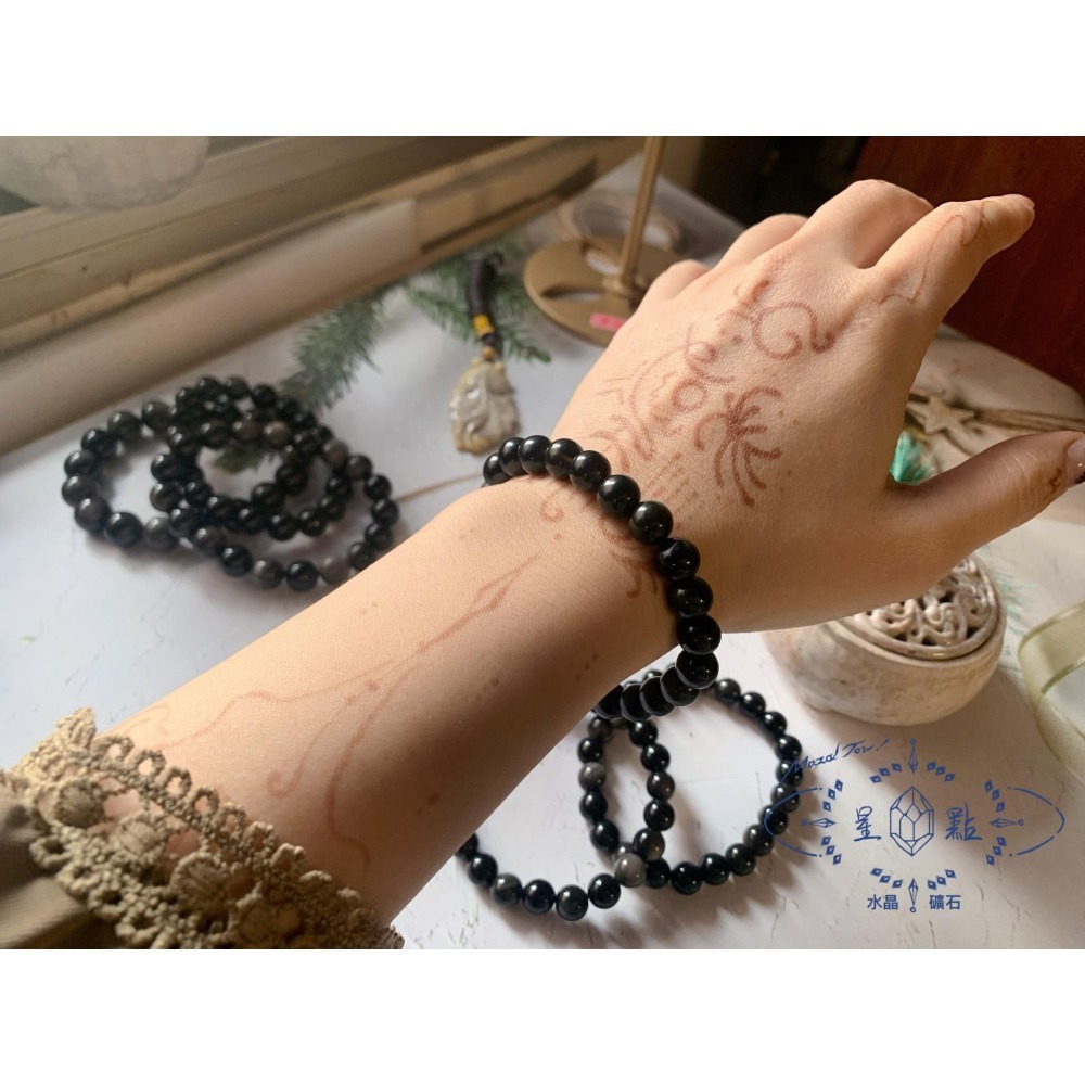 高品銀曜石手珠~銀砂黑曜石手珠-細節圖6