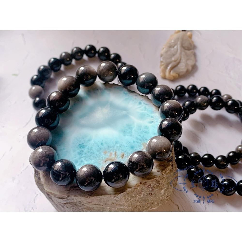 高品銀曜石手珠~銀砂黑曜石手珠-細節圖7