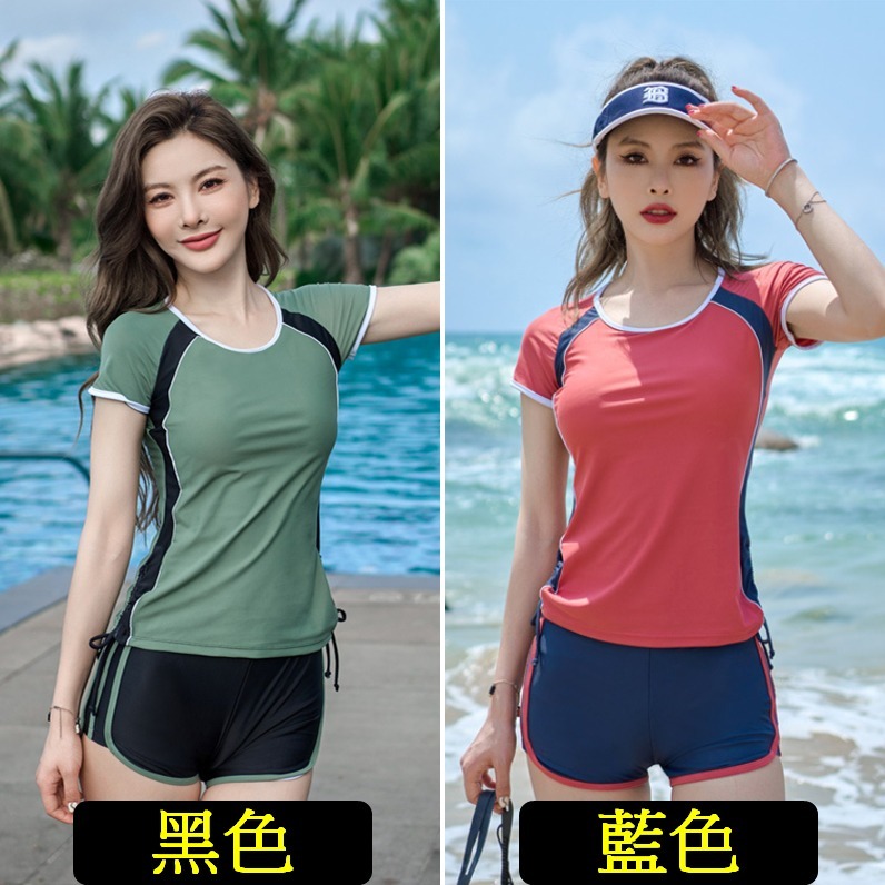 【貝娣泳裝】K010女生泳衣 二件式泳衣 運動泳衣 短袖泳衣 遮肚顯瘦泳衣 保守學生泳衣 泡湯泳衣 女泳褲 女款泳裝-細節圖2