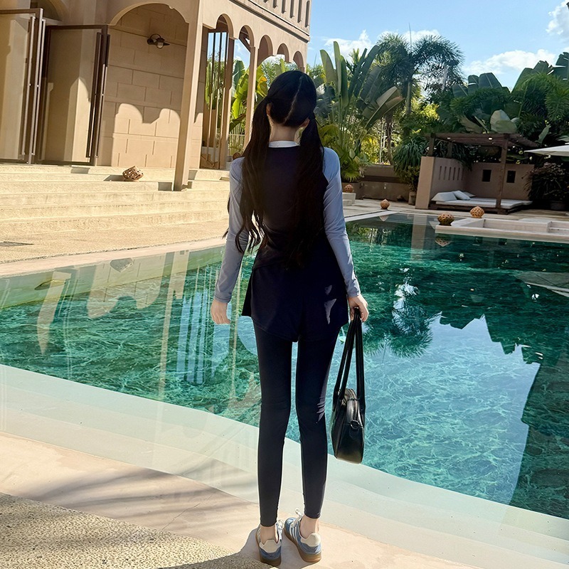 【貝娣泳裝】M005女生 長袖防曬泳衣 兩件式 顯瘦分體 運動風 衝浪 浮潛服 水母衣 假兩件長泳褲 泳裝 泡湯/現+預-細節圖4