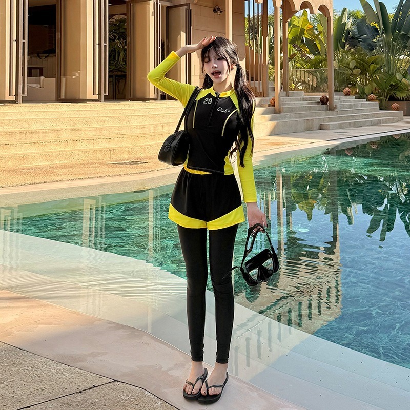【貝娣泳裝】M007女生泳衣 長袖防曬泳衣 三件式 顯瘦分體 運動風 衝浪 浮潛服 水母衣 長泳褲 泳裝 泡湯/現+預-細節圖2