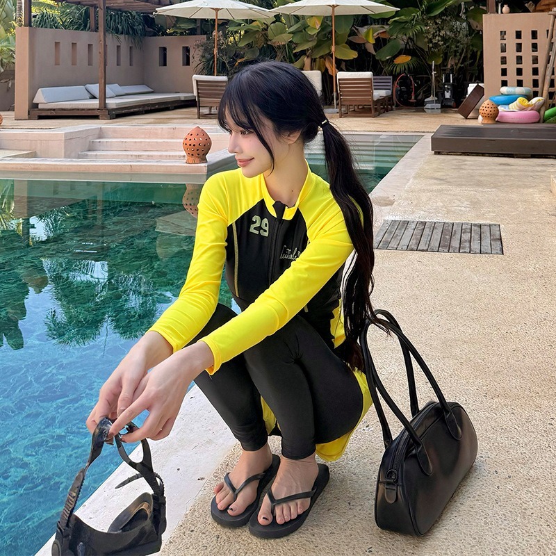 【貝娣泳裝】M007女生泳衣 長袖防曬泳衣 三件式 顯瘦分體 運動風 衝浪 浮潛服 水母衣 長泳褲 泳裝 泡湯/現+預-細節圖5