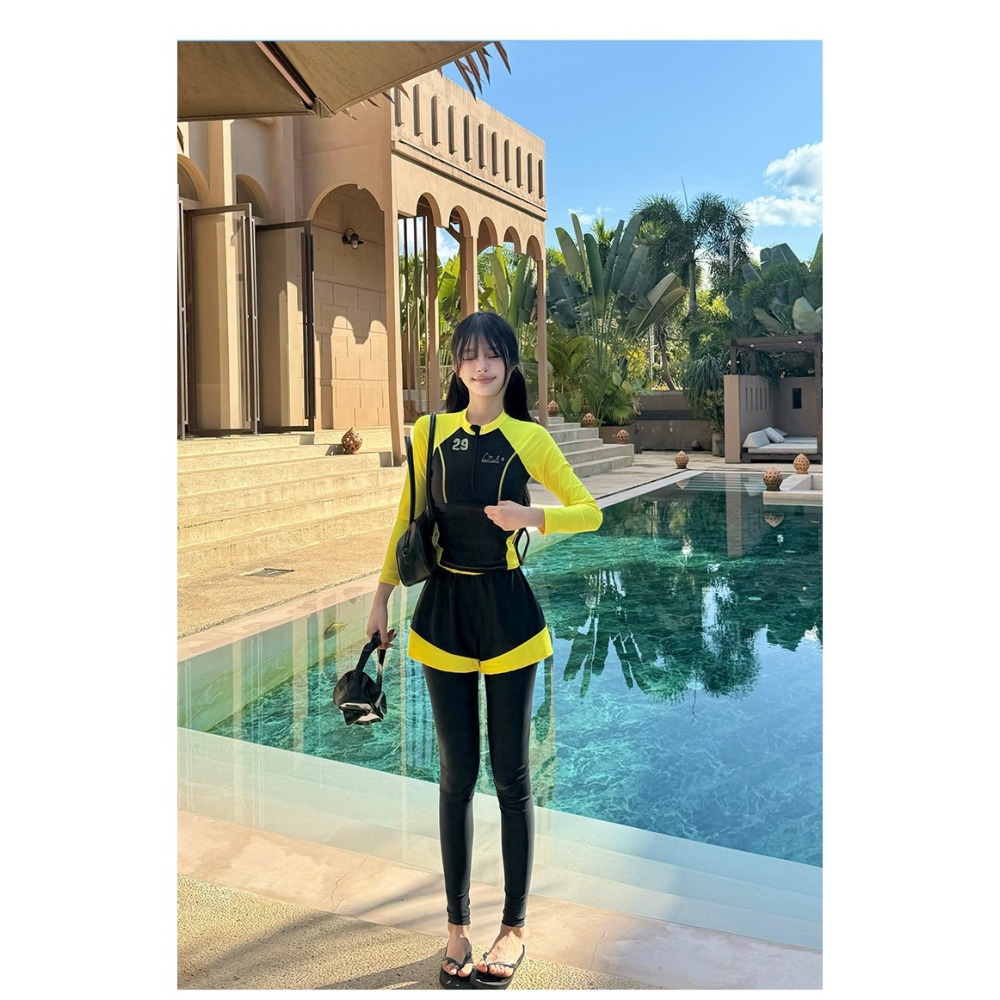 【貝娣泳裝】M007女生泳衣 長袖防曬泳衣 三件式 顯瘦分體 運動風 衝浪 浮潛服 水母衣 長泳褲 泳裝 泡湯/現+預-細節圖6