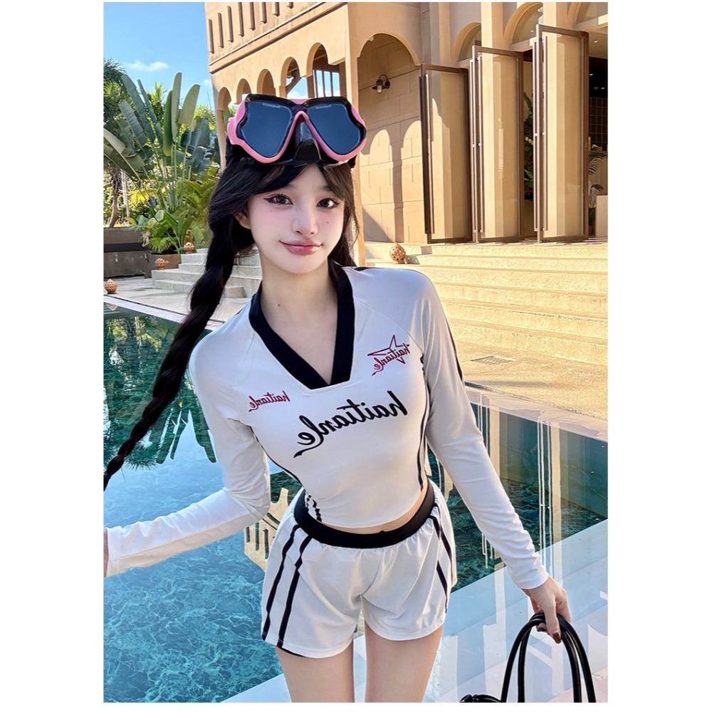 【貝娣泳裝】M014女生 長袖防曬泳衣 兩件式 顯瘦分體 性感露肚 運動風 衝浪 浮潛服 水母衣  泳裝 泡湯/現+預-細節圖6