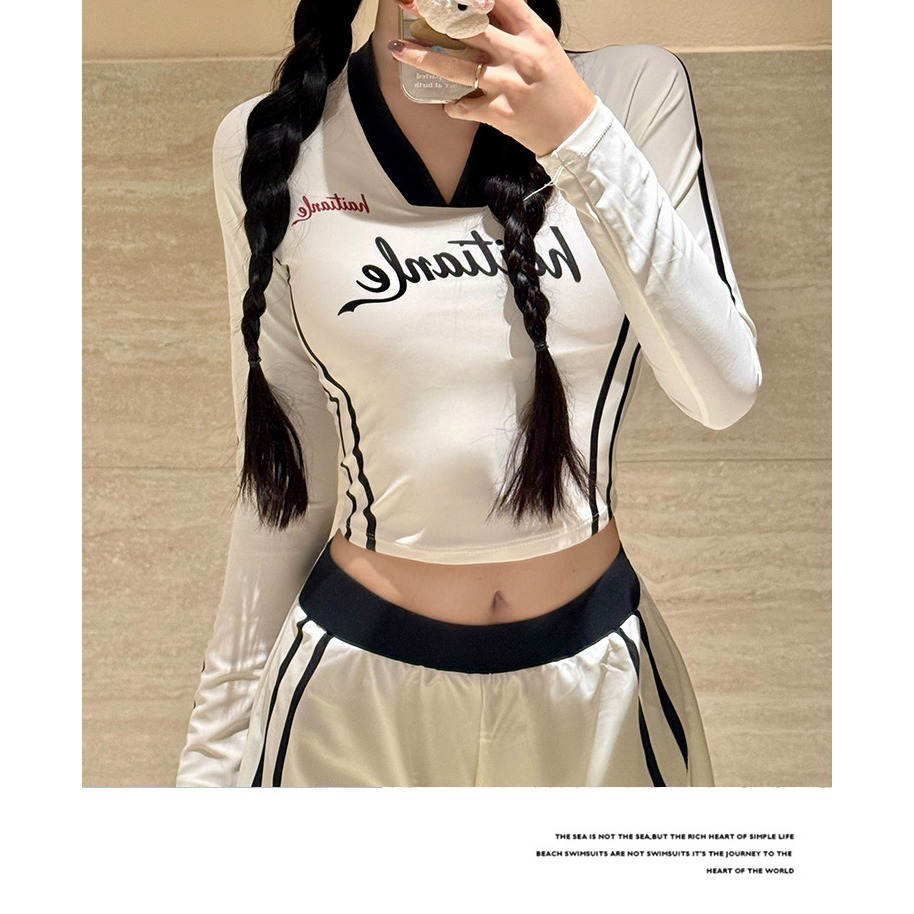 【貝娣泳裝】M014女生 長袖防曬泳衣 兩件式 顯瘦分體 性感露肚 運動風 衝浪 浮潛服 水母衣  泳裝 泡湯/現+預-細節圖8