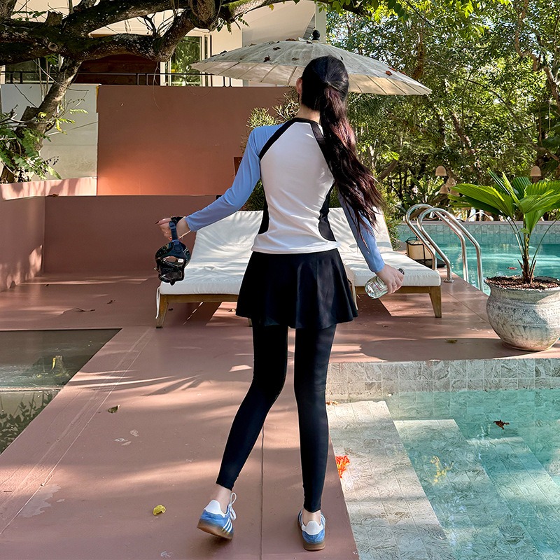 【貝娣泳裝】M022女生 長袖防曬泳衣 兩件式 顯瘦分體 運動風 衝浪 浮潛服 水母衣 褲裙 長泳褲 泳裝 泡湯/現+預-細節圖5