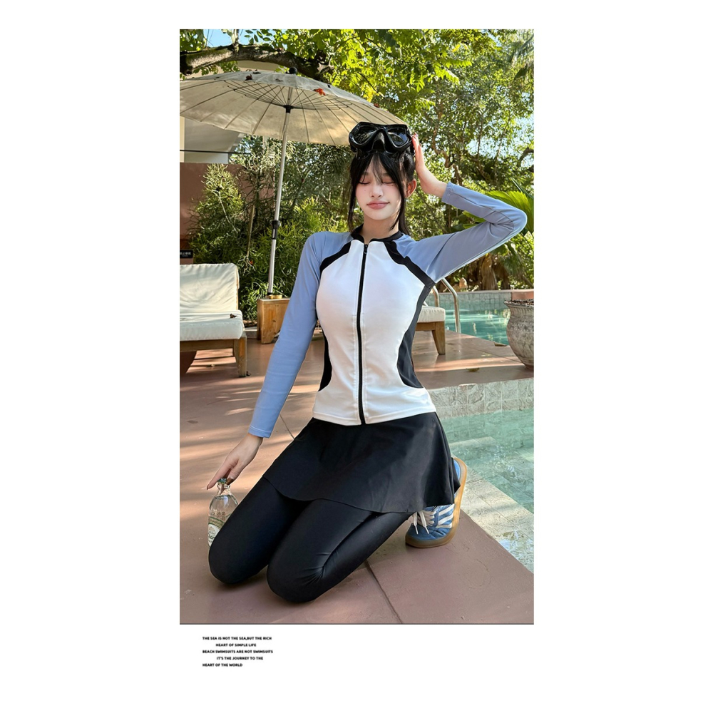 【貝娣泳裝】M022女生 長袖防曬泳衣 兩件式 顯瘦分體 運動風 衝浪 浮潛服 水母衣 褲裙 長泳褲 泳裝 泡湯/現+預-細節圖7