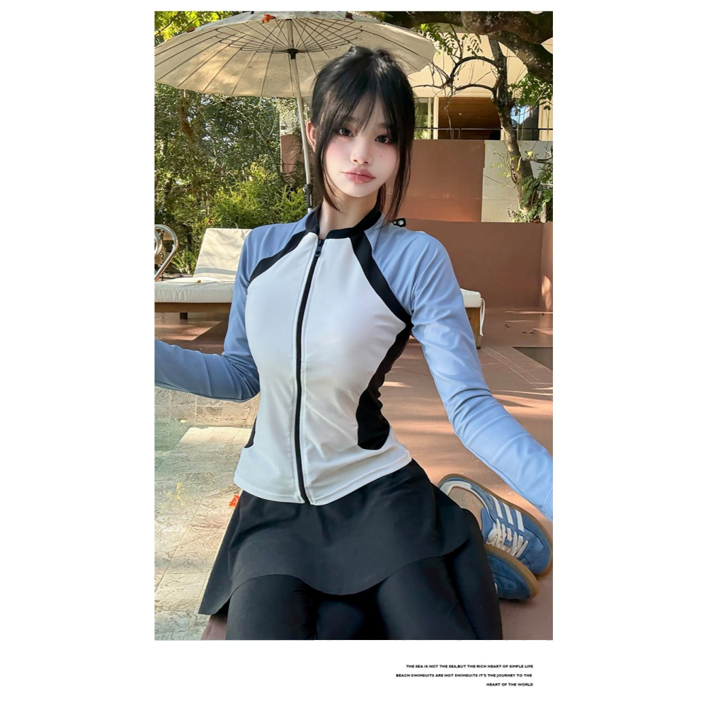 【貝娣泳裝】M022女生 長袖防曬泳衣 兩件式 顯瘦分體 運動風 衝浪 浮潛服 水母衣 褲裙 長泳褲 泳裝 泡湯/現+預-細節圖8