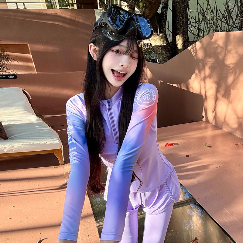 【貝娣泳裝】M029女生 長袖防曬泳衣 兩件式 顯瘦分體 運動風 衝浪 浮潛服 水母衣 假兩件長泳褲 泳裝 泡湯/現+預-細節圖2
