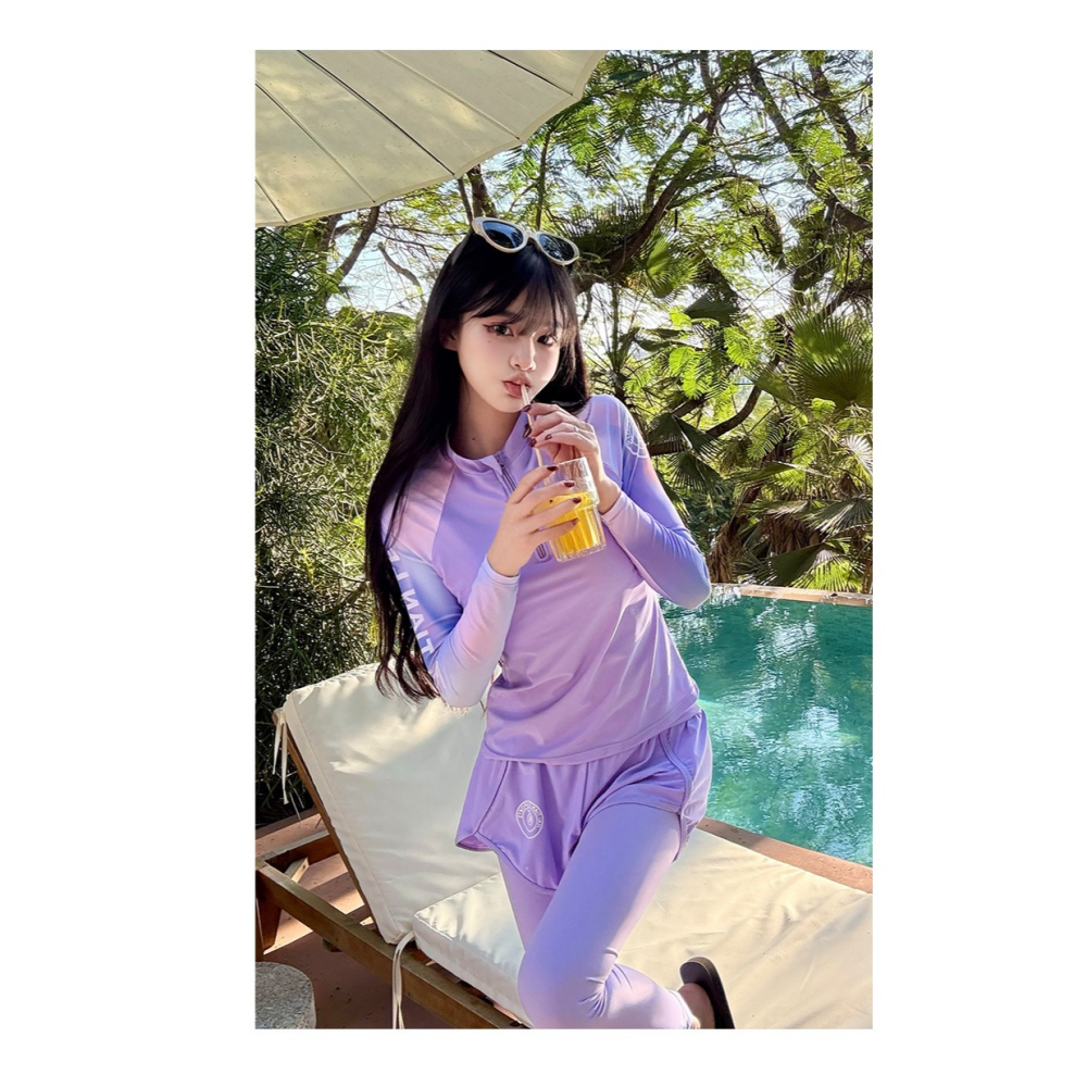 【貝娣泳裝】M029女生 長袖防曬泳衣 兩件式 顯瘦分體 運動風 衝浪 浮潛服 水母衣 假兩件長泳褲 泳裝 泡湯/現+預-細節圖7